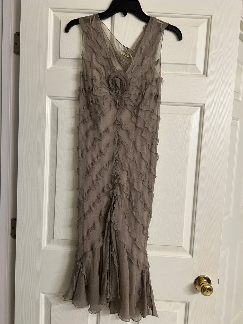 Max Studio Taupe Ruffled Maxi Dress with Rosette Detail